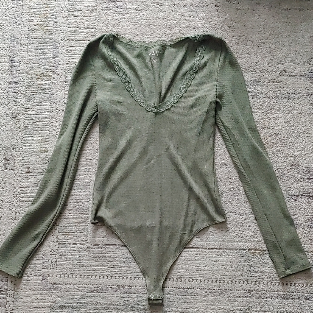 Lace-Trim Long Sleeve Olive Green Bodysuit
